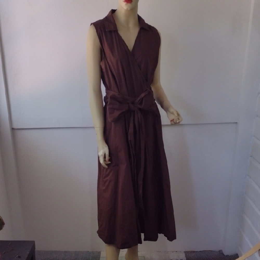 Isaac Mizrahi Sleeveless Wrap Midi Dress Cotton Brown XL